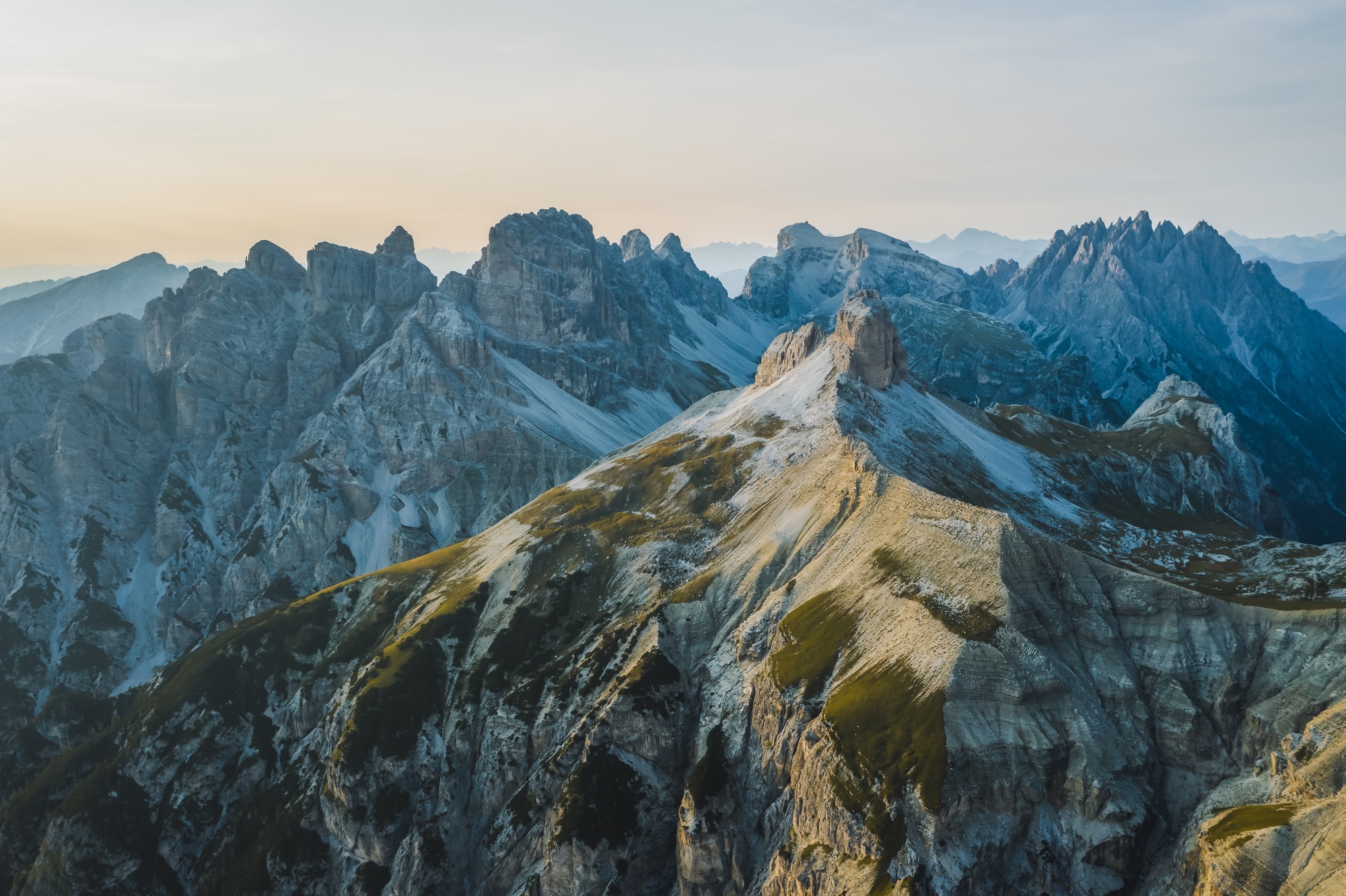 Aerial view of mountain range aroiund the Tre Cime di Lavaredo, Trentino-Alto-Adige, Dolomiti, Italy
